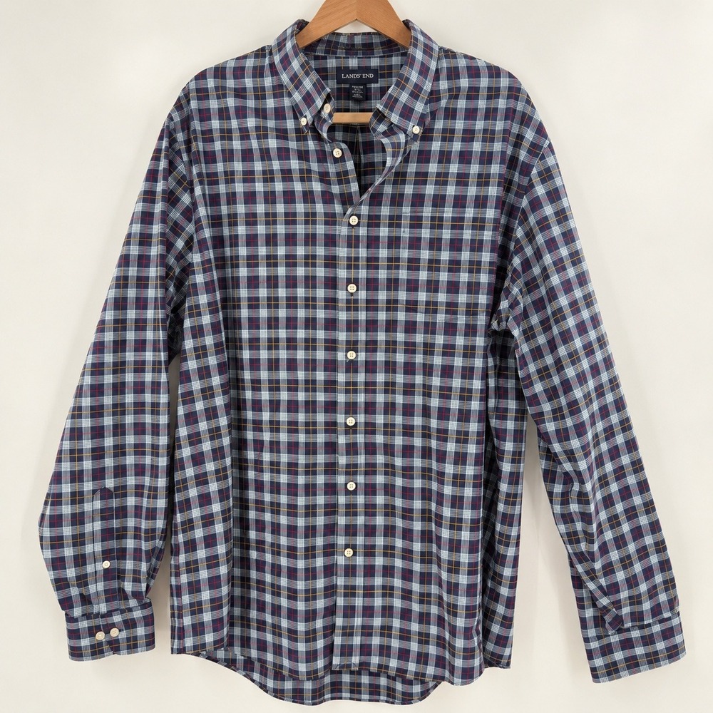 Lands End Old Money Plaid Button Down Shirt Mens XL Tall Preppy Dark Academia